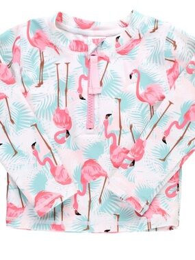 Ruffle Butts Pink Flamingo Zip Rash Guard Top with Mint Accent